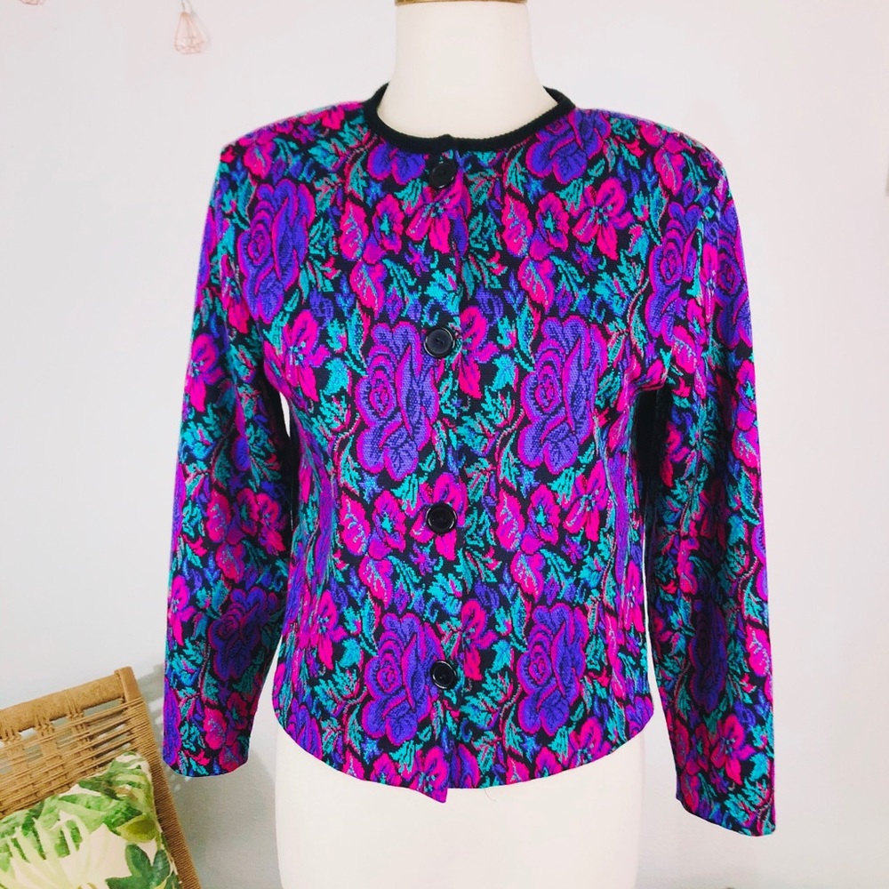 Vintage Neon Floral Design Cardigan
